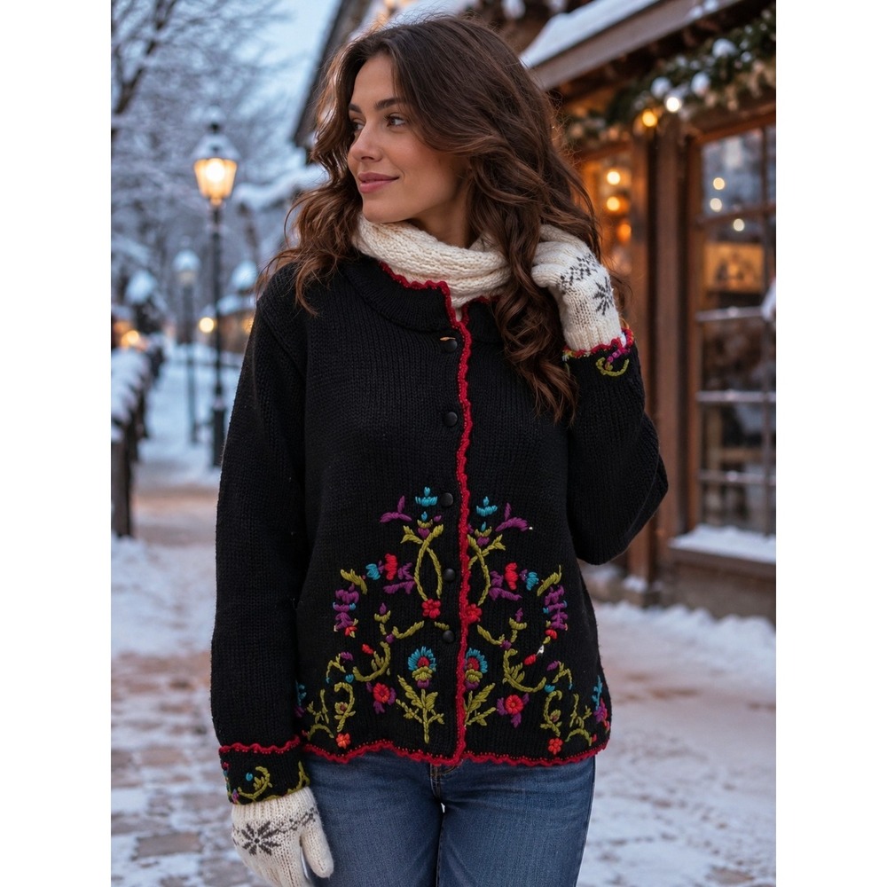 Vintage CLIO Sz M Cardigan Sweater Cottage Core Embroidered Crochet Grandmacore